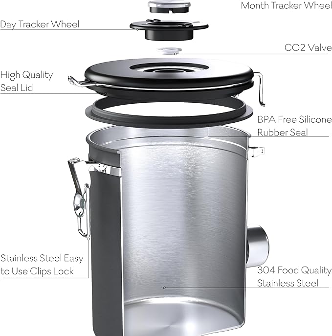 Large Coffee Canister – Airtight Stainless Steel Storage Container with Date Tracker & Scoop, Sealed Jar for Grounds, Beans, Tea, Flour, Cereal, and Sugar (Gray Home, 38OZ)