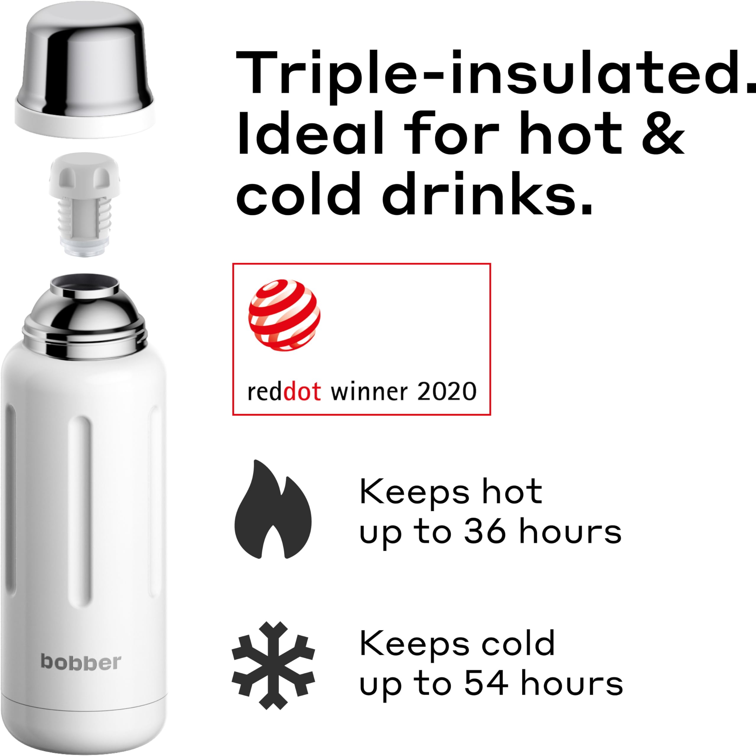 BOBBER 26 oz Stainless Steel Travel Thermo Bottle for Hot Drinks – Dishwasher Safe Metal Water Bottle with Cup Lid for Men, Hiking – Keeps Hot for 36 Hours – BPA-Free, Vacuum Insulated (Iced Water)