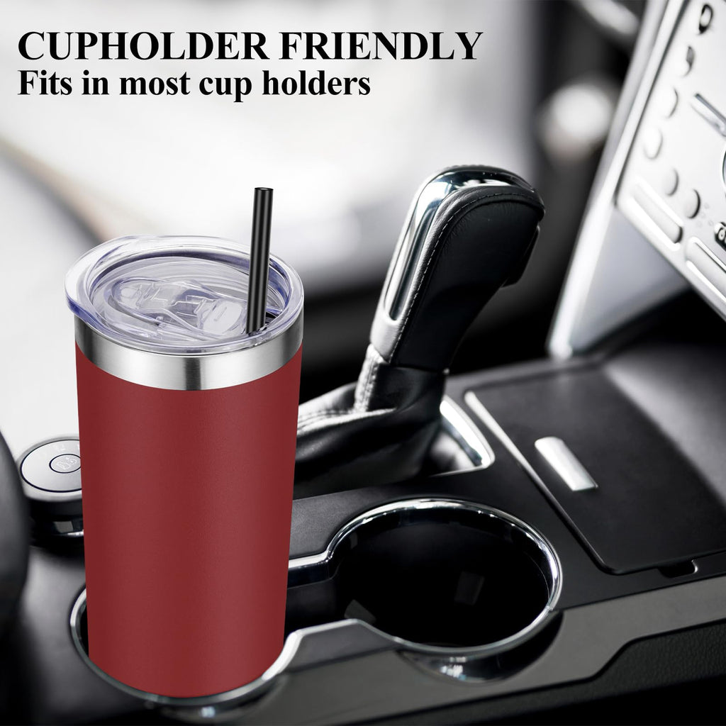 VEGOND 20 oz Stainless Steel Skinny Tumbler with Lids and Straws, 20oz Vacuum Insulated Slim Tumbler Cup, Double Wall Travel Tumblers Bulk for Cold Hot Drinks, Wine Red 12 Pack