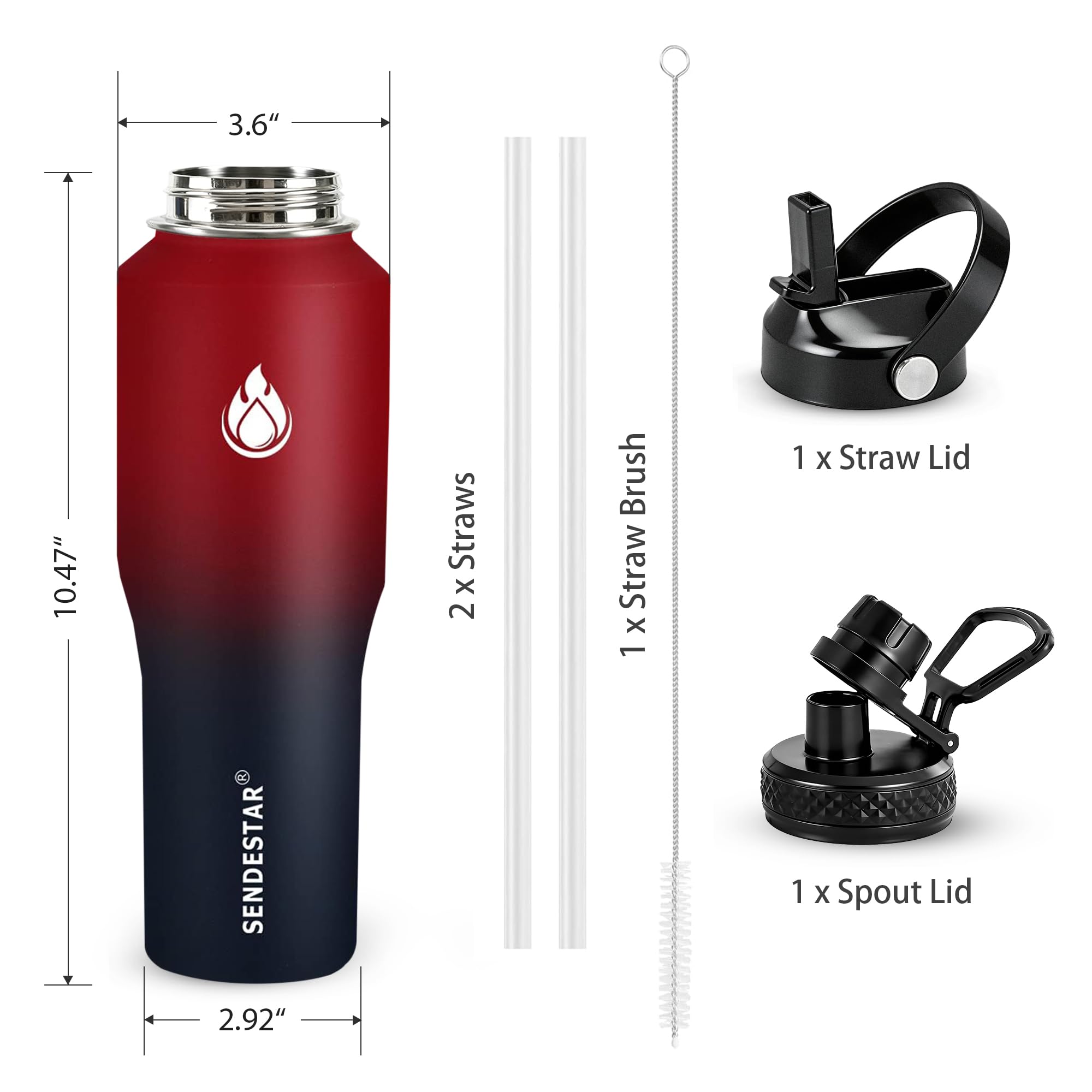 SENDESTAR 32oz Water Bottle Wide Mouth Stainless Steel Vacuum Insulated Double Wall with 2 Straw Lids Fit in Any Car Cup Holder
