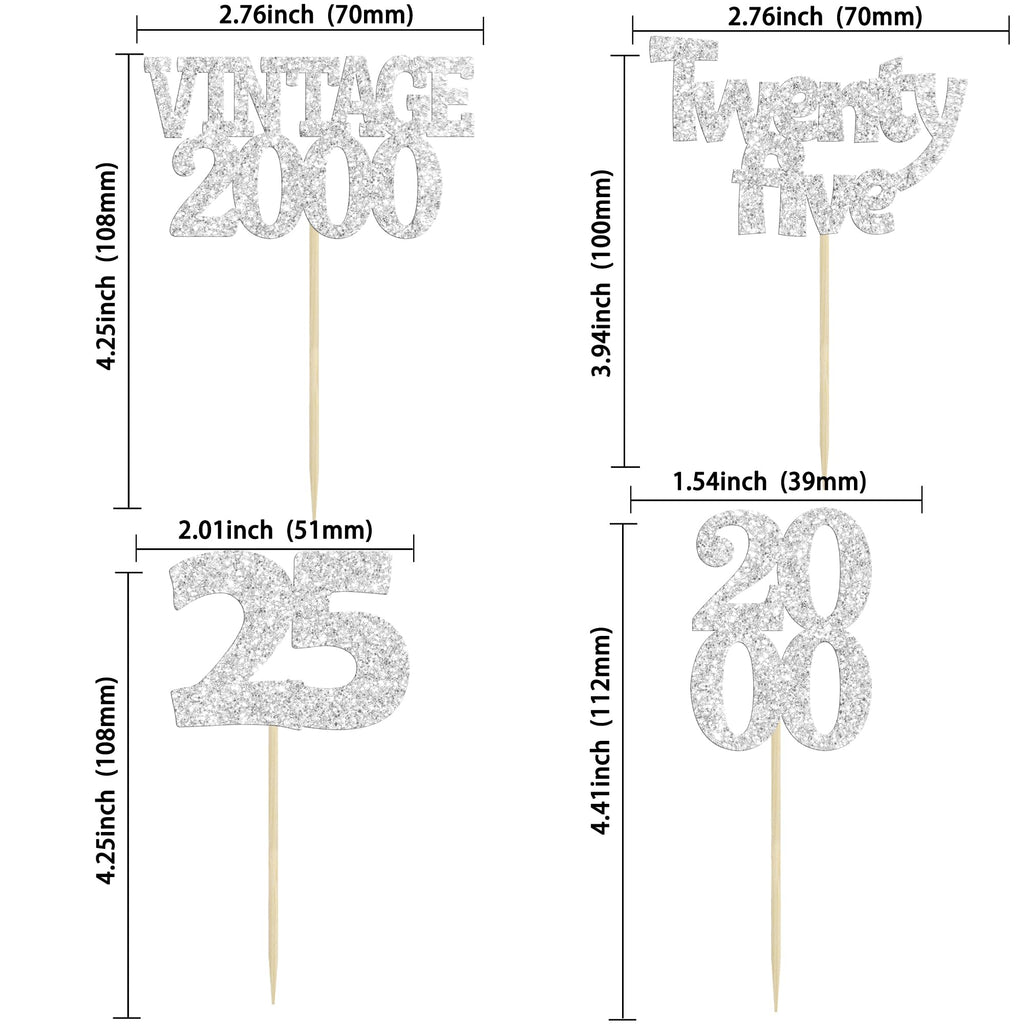 Gyufise 24Pcs 25th Birthday Cupcake Toppers Glitter Twenty-five Vintage 2000 Hello 25 Years Birthday Cupcake Pick Cheers to 25 Cake Decoration for Happy 25th Anniversary Party Supplies Silver