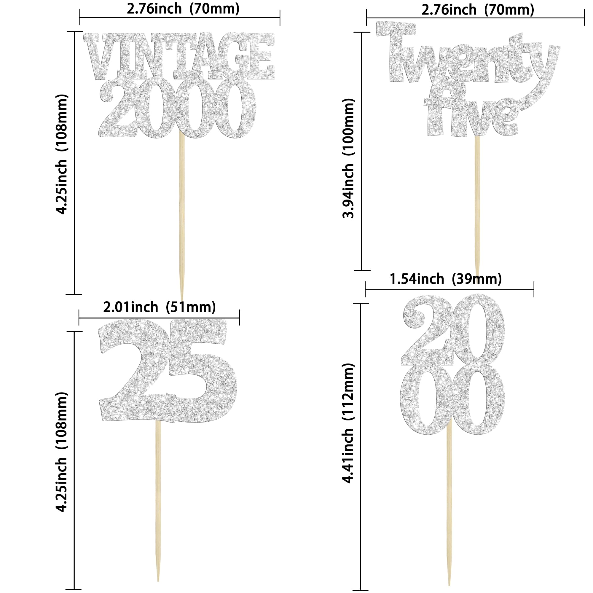 Gyufise 24Pcs 25th Birthday Cupcake Toppers Glitter Twenty-five Vintage 2000 Hello 25 Years Birthday Cupcake Pick Cheers to 25 Cake Decoration for Happy 25th Anniversary Party Supplies Silver