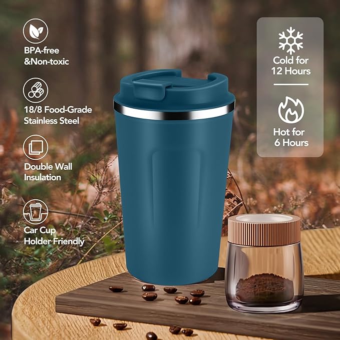 Volhoply 12 oz Double Wall Insulated Vacuum Travel Coffee Mug with Flip Lid Bulk 2 Pack,Reusable Stainless Steel Leak Proof Coffee Cup,Portable Thermal Tumbler for Cold&Hot Drinks(Assort Color,2 Set)