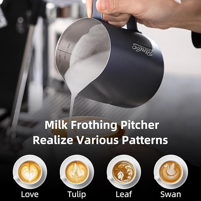 Milk Frothing Pitcher - 350ml/12oz Milk Frother Cup Espresso Steaming Pitcher for Barista, Bincoo SUS304 Stainless Steel Espresso Steaming Pitchers for Latte Art/Cappuccino/Coffee (Dark-Blue-350ml)