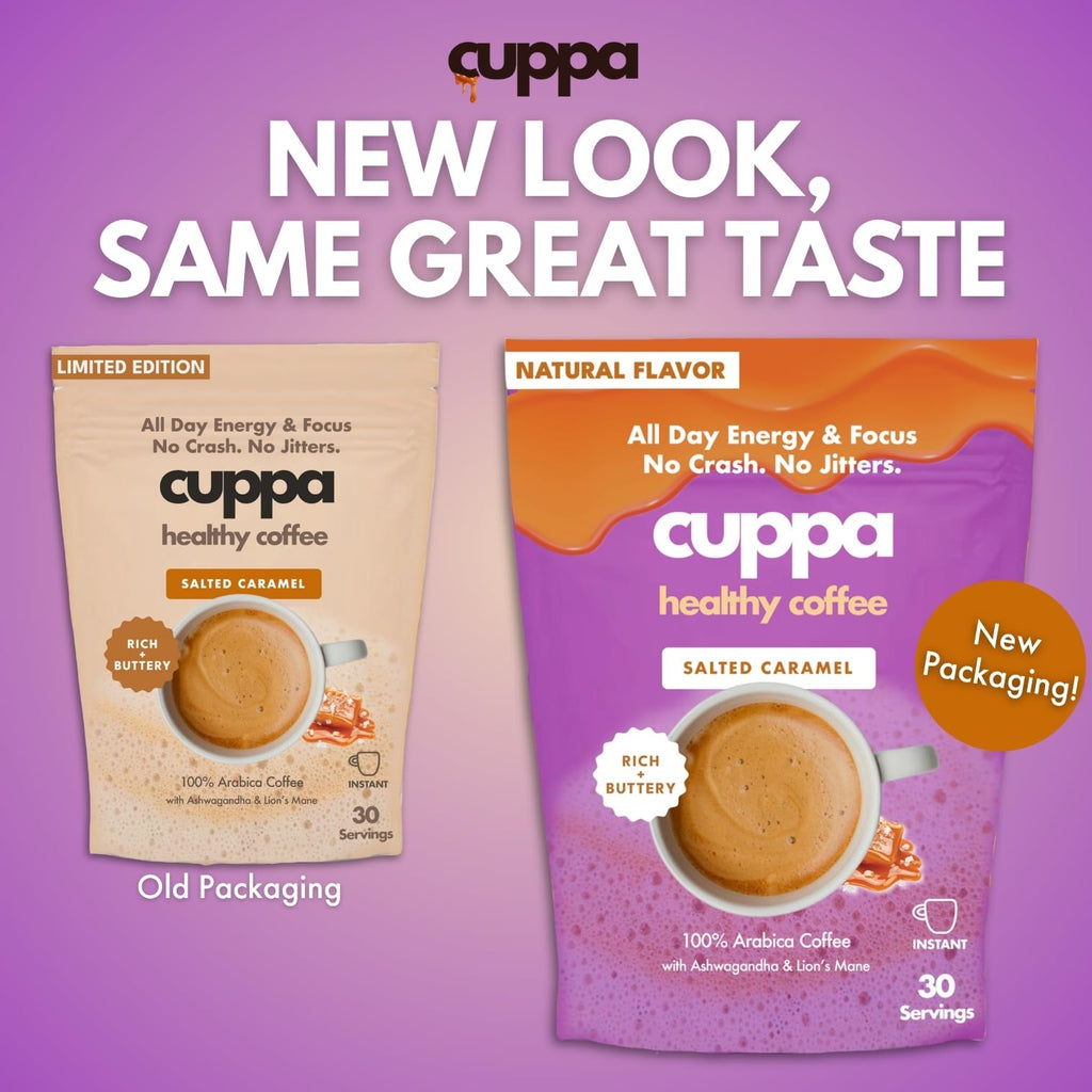 Cuppa Salted Caramel Mushroom Coffee with Adaptogens & Superfoods - Lion’s Mane, Ashwagandha & Cordyceps. Adaptogens + MCT to support natural energy, mental focus & gut health (30 Servings)
