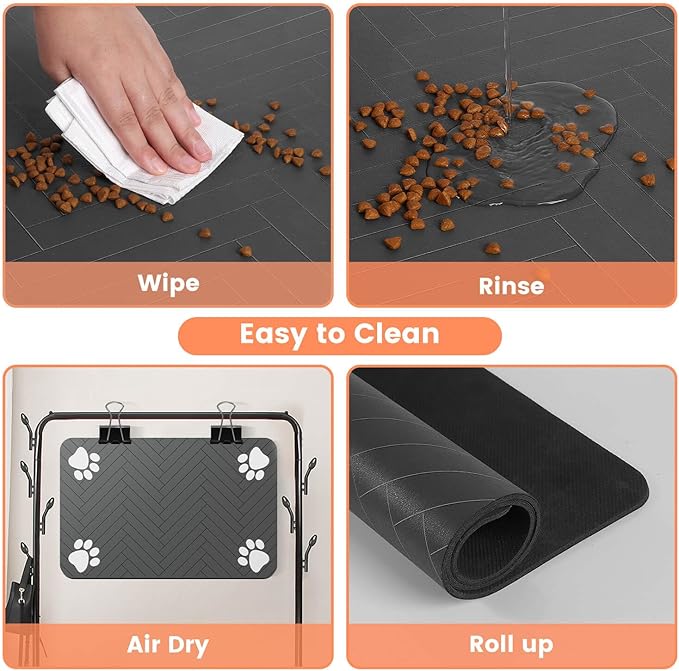 Pet Feeding Mat-Absorbent Pet Placemat for Food and Water Bowl, with Waterproof Rubber Backing, Quick Dry Water Dispenser Mat for Dog and Cat (16"x24", Striped Dark Gray)
