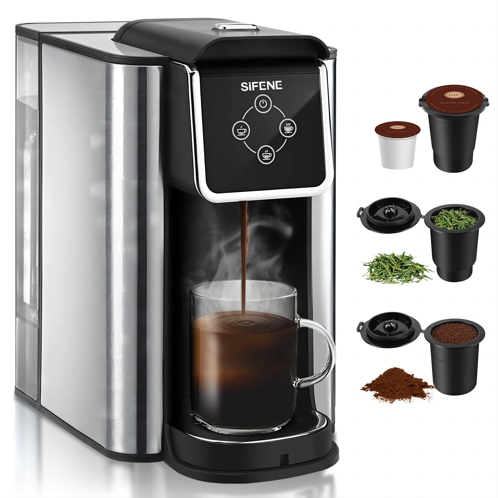 SIFENE Quick Brew Single Serve Coffee Maker, Versatile 3-in-1 Design for Coffee Pods, Ground Coffee, & Loose Tea, Adjustable 6-12oz Cup Sizes, Large 50oz Removable Water Tank, 1150W, Compact, Black