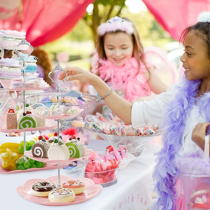 Cupcake Stand,2 Set of 3-Tier Dessert Plates Mini Cakes Fruit Candy Display Tower Cookie Tray Rack Candy Buffet Holder Plastic Cake Stand for Wedding Home Holiday Birthday Christmas Party Decor (Pink)