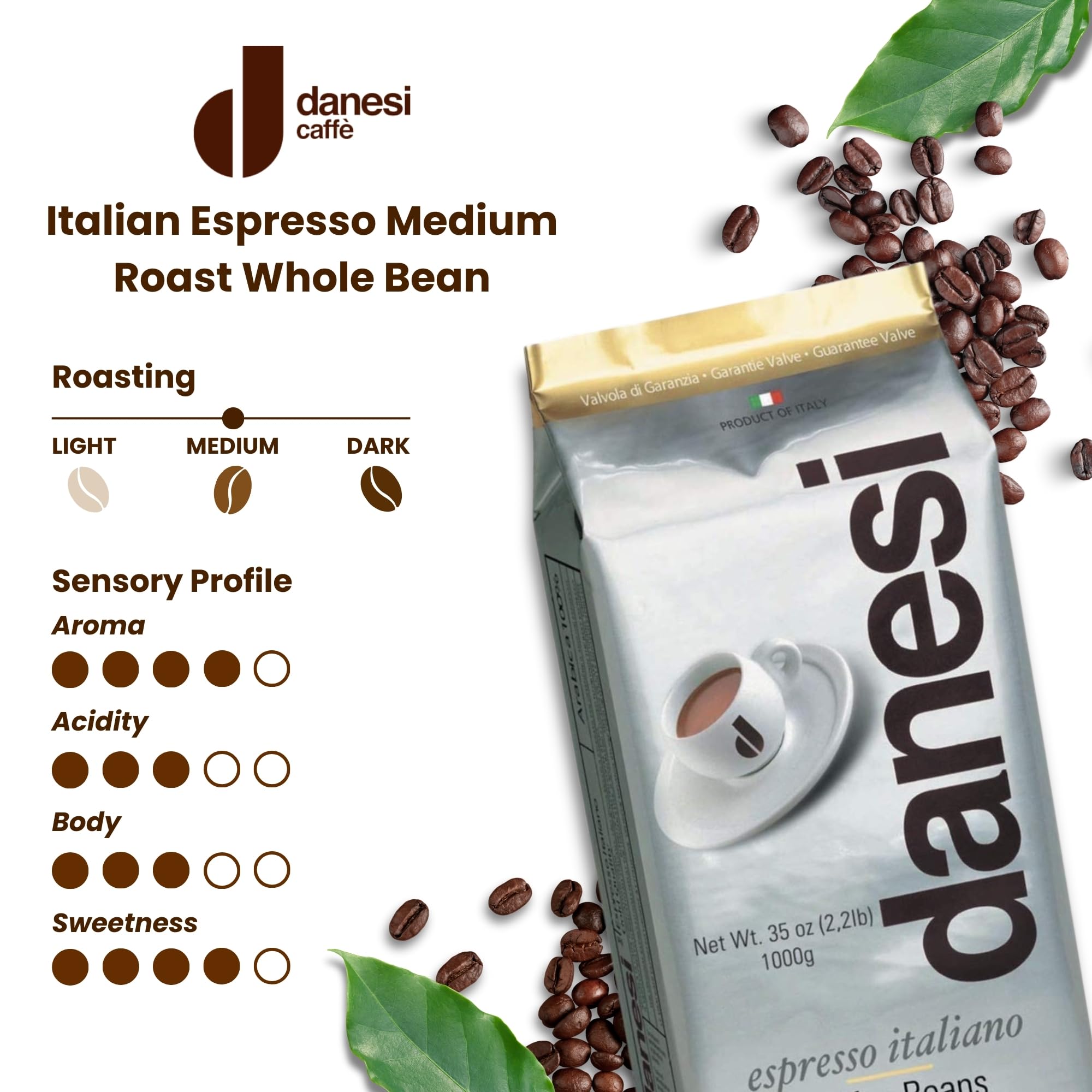 Danesi Caffe Gold Whole Bean Coffee, Medium Roast (13.2 lb)