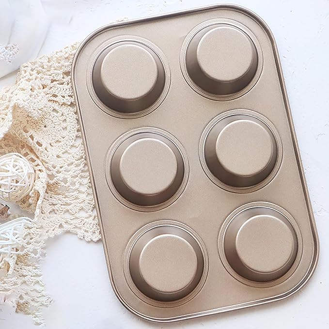 2 Packs Nonstick Round Muffin Baking Pan Tin, 6-Cup Muffin Tin, Cupcake Pans, Cheesecake Pans, Carbon Steel, Gold