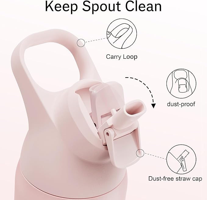 Insulated Water Bottle with Straw - Encool Stainless Steel Water Bottle, Reusable Leakproof and BPA-Free for Sports, Travel, Cold for 24 Hours, 24 oz, Cotton Candy