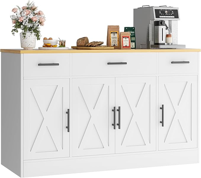 Vongrasig 53' Large Sideboard Cabinet with 4 Doors and 3 Drawers, Farmhouse Buffet Table Coffee Bar Kitchen Storage Cabinet, Wood Buffet Table for Kitchen, Dining Room, White