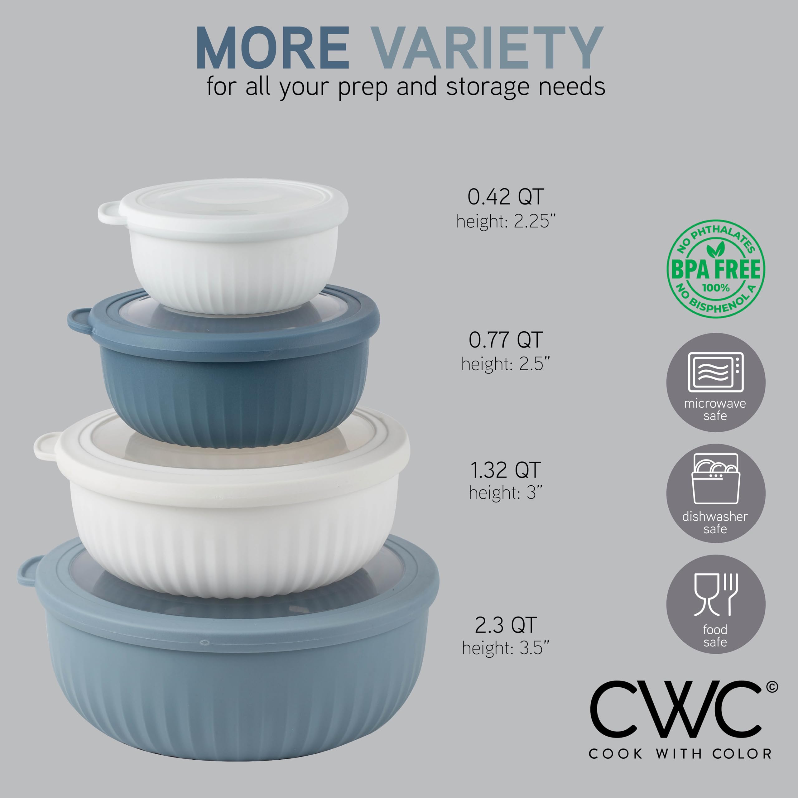 COOK WITH COLOR Prep Bowls with Lids- Wide and Deep Nesting Plastic Small Mixing Bowl Set with Lids, 8 Piece Set - Wide Bowls, Blue/Grey