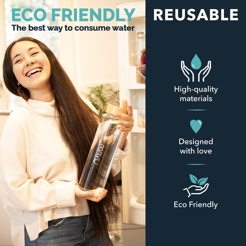 mayu, Pure Glass Reusable Water Bottle w/Bamboo Lid (1.5 Liter) 100% Grade-A Borosilicate Glass, Modern Minimalist Design, Leak Proof, Eco Friendly, Great for Outdoor & Everyday Use, Dishwasher Safe