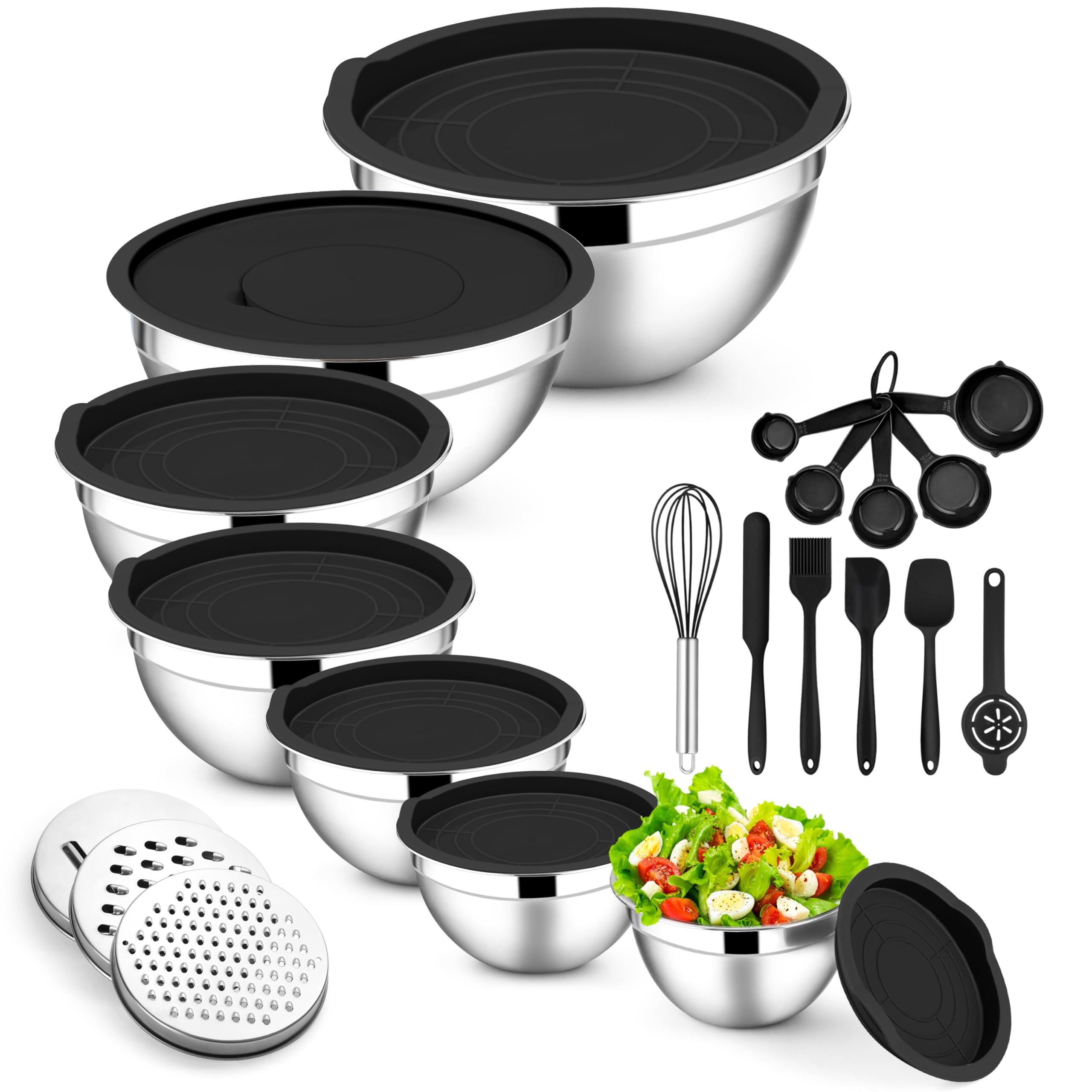 E-far Mixing Bowls with Lids Set, 21PCS Stainless Steel Salad Mixing Bowls with 3 Grater Attachments, Size 7, 4.6, 3.5, 2.6, 2, 1.5, 1QT, Nesting Design & Black Airtight Lid, For Baking/Prepping