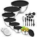 E-far Mixing Bowls with Lids Set, 21PCS Stainless Steel Salad Mixing Bowls with 3 Grater Attachments, Size 7, 4.6, 3.5, 2.6, 2, 1.5, 1QT, Nesting Design & Black Airtight Lid, For Baking/Prepping