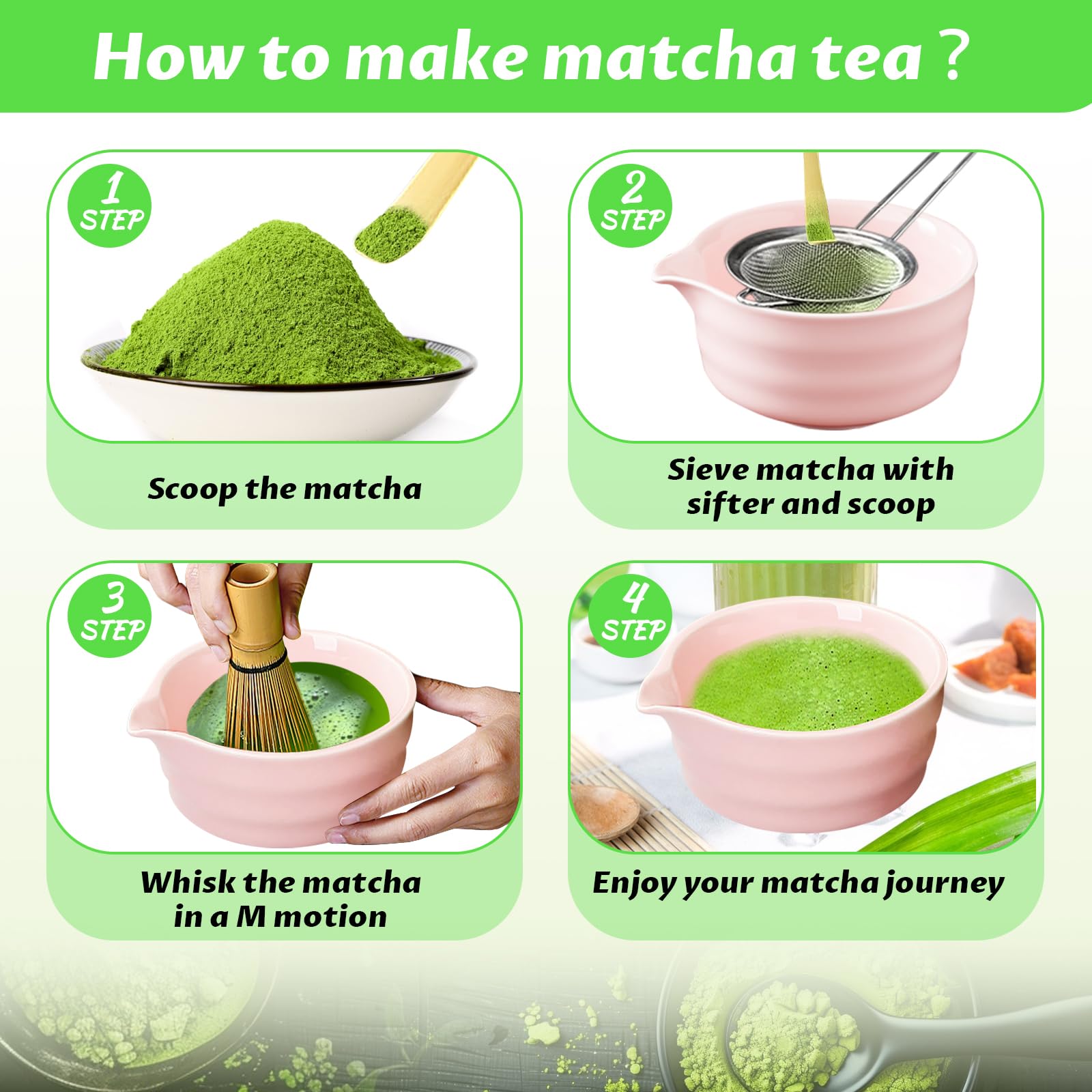 Matcha Set, 6 Pcs Matcha Whisk Set with 20 oz Bowl, Bamboo Whisk for Matcha Tea, Matcha Bowl, Ceramic Matcha whisk Holder, Stainless Sifter and Scoop - Gift for matcha kit Lovers（Pink）