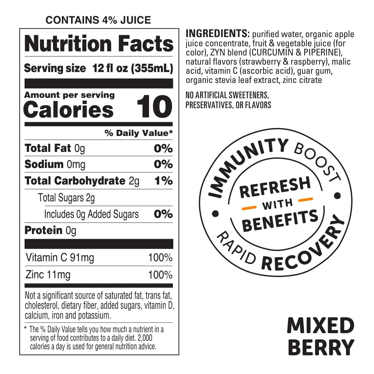ZYN Tasty Turmeric Drink Low Cal, No Added Sugar Mixed Berry, 6 Pack