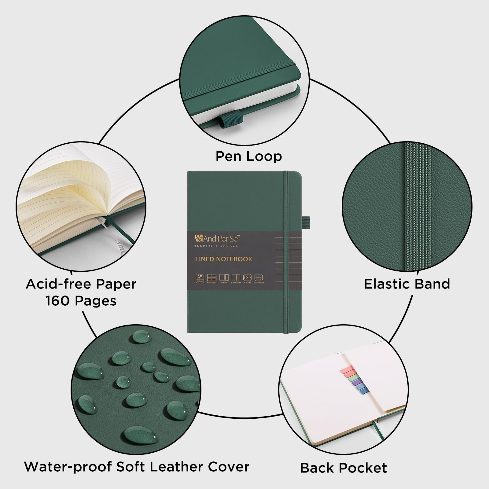 &And Per Se 10-Pack Lined Notebooks, A5 Hardcover, 160 Pages 100gsm Thick Paper, Office Supply Bulk Order, Corporate New Hire Kits, Breakroom Essentials – College Ruled, 10 Units (Green)