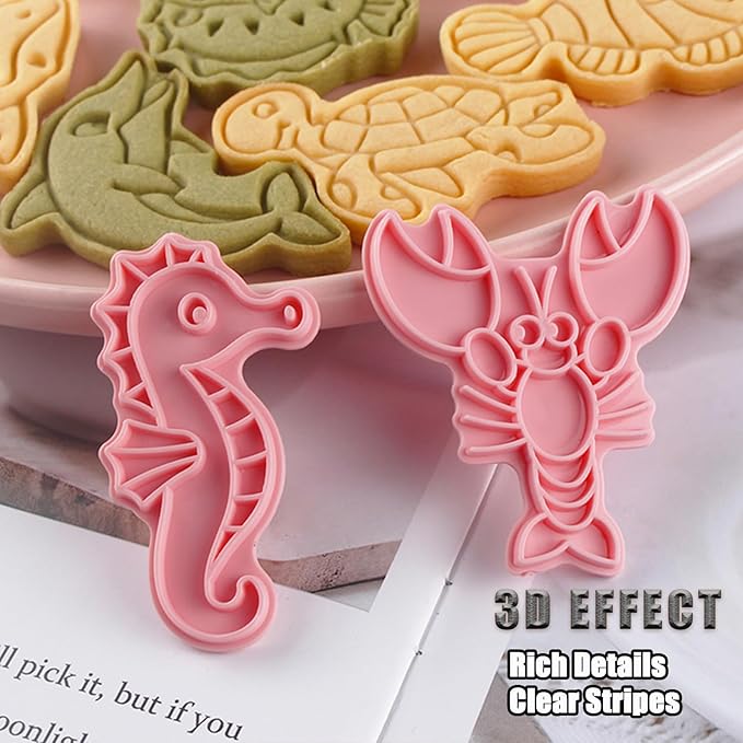 8 Pcs Ocean Cookie Cutters Set Baking Molds 3D Ocean Press type Cookie Cutter for Baking, Fondant, Cheese, and Pastries
