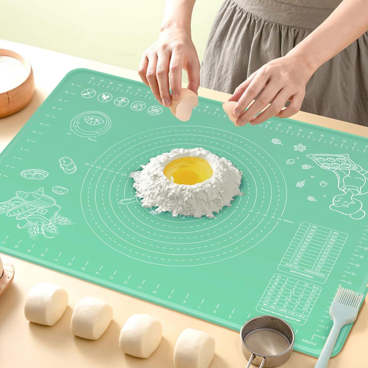 Silicone Pastry Mat 28" x 20" Extra Thick Non Stick Baking Mat with Measurements and Edge Heightening, Food Grade Silicone Rolling Mat for Pastry, Bread, Cookies, Pizza, Fondant, Pasta