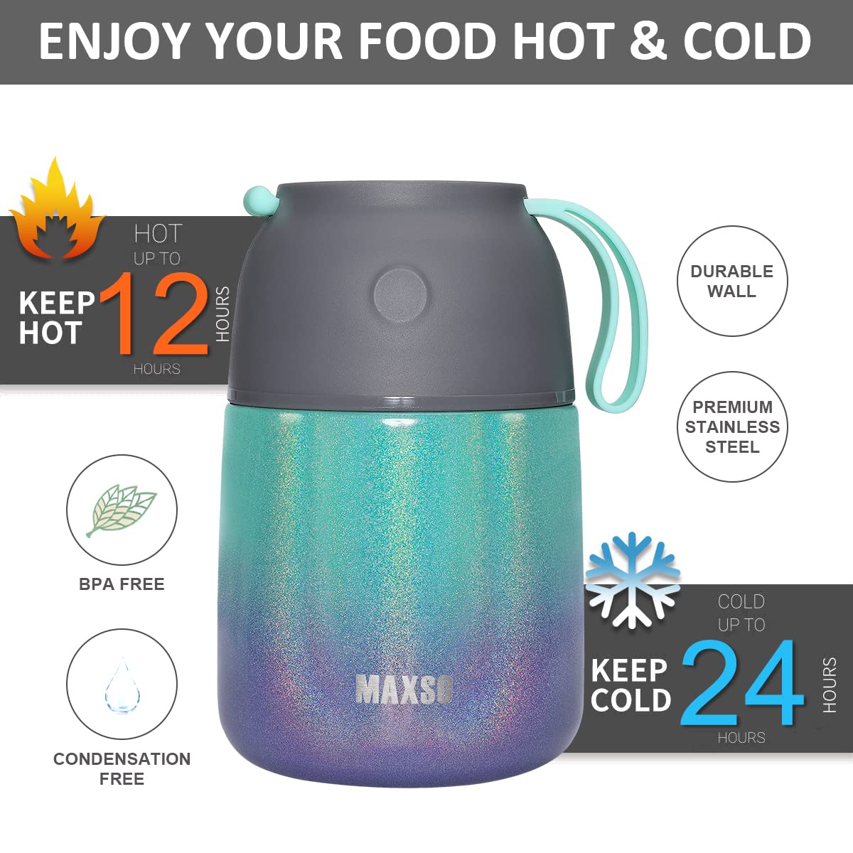Insulated Thermo Food Jar for Hot & Cold Food for Kids Adult, 17&24 oz Soup Thermal Hot Food Containers for Lunch, Triple Layer Insulation Stainless Steel Food Jar with Spoon(2 Pack Rainbow)
