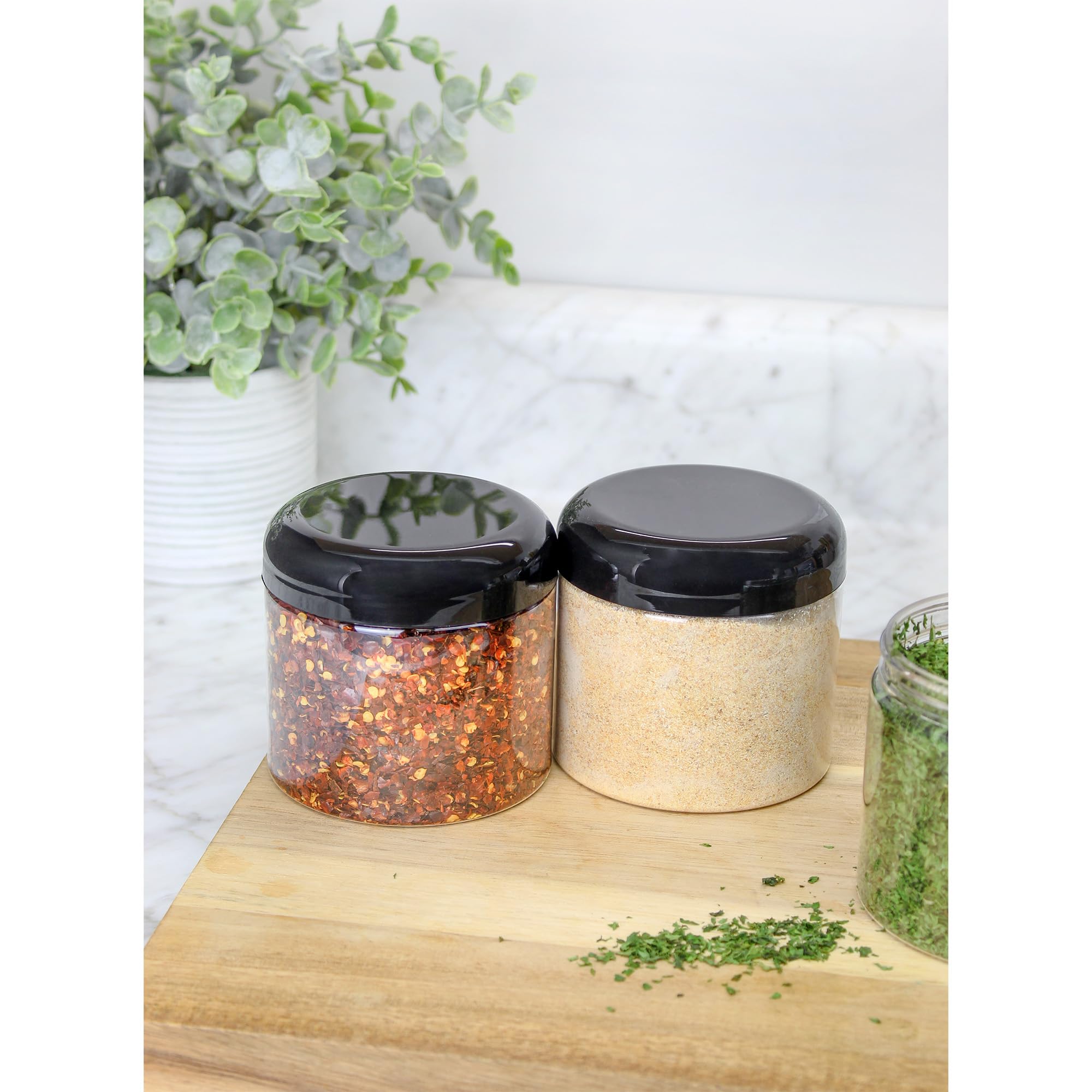 Cornucopia Brands 16oz Clear Plastic Jars w/Domed Lids (6-Pack); BPA Free PET Stackable Straight Sided Canisters for Bathroom & Kitchen Storage