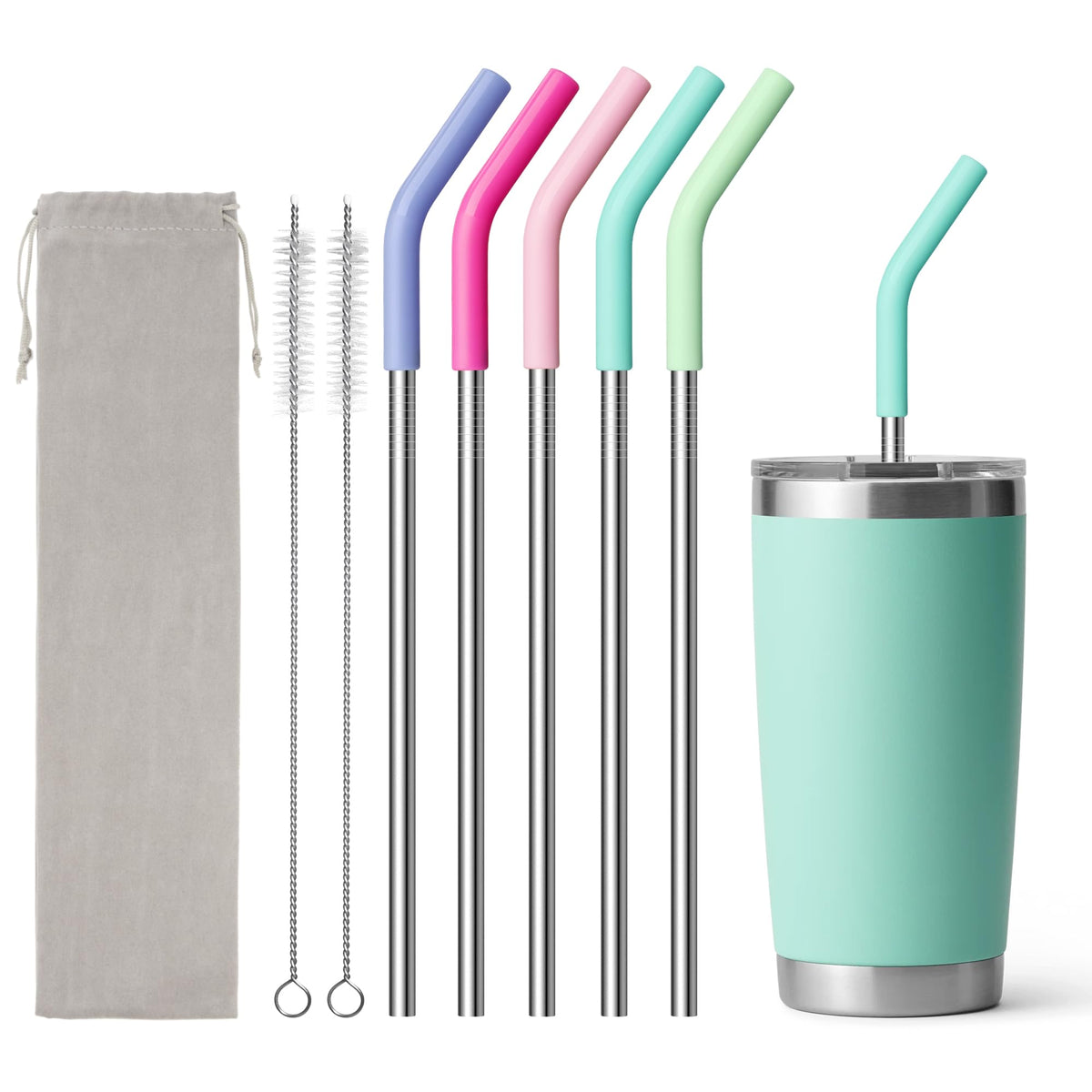 Diumepo Metal Straws for 20 oz YETI, Stanley Cup, 5 Pcs Stainless Steel Straws with Silicone Tip for Simple Modern CIVAGO, ALBOR, BJPKPK 20 oz Tumbler, Cleaning Brush, 1 Portable Bag