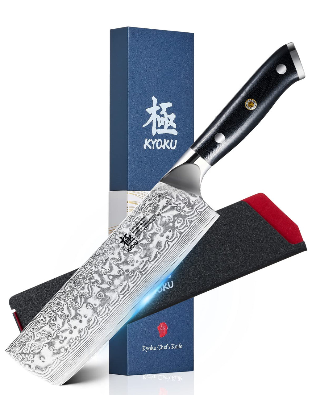KYOKU 7" Damascus Nakiri Knife,UPGRADED Japanese Chef Knife with Silver Ion Coating,Ultra Sharp VG10 Stainless Steel Kitchen Vegetable Cutting Knives for Professional & Home Chefs Cooking Meat Cleaver