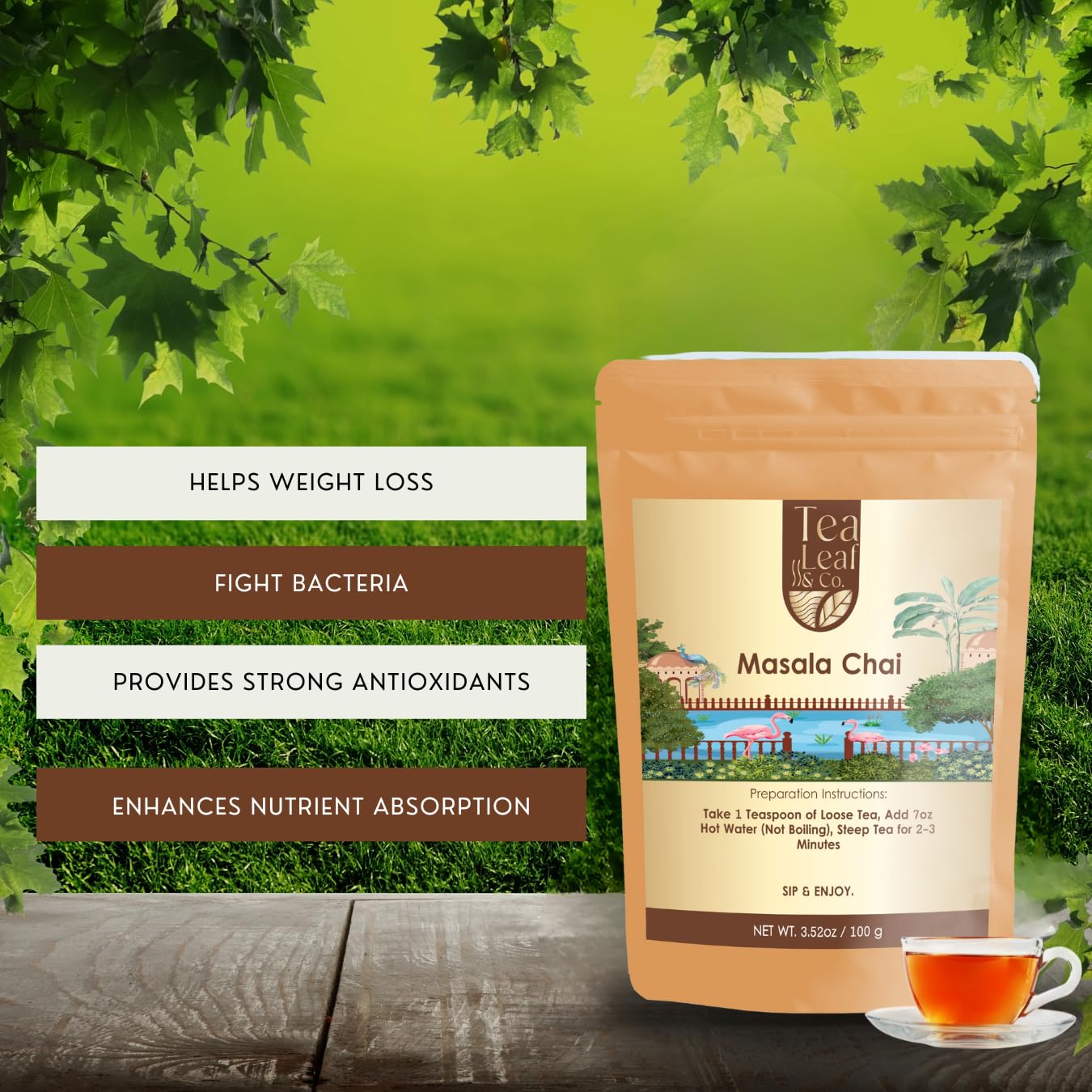 Tealeaf & Co. Masala Chai - Loose Leaf Black Tea Blended with Organic Spices (Ginger, Cardamom, Black Pepper & Cloves Whole Organic) - Low Caffeine (3.52oz/100gm)