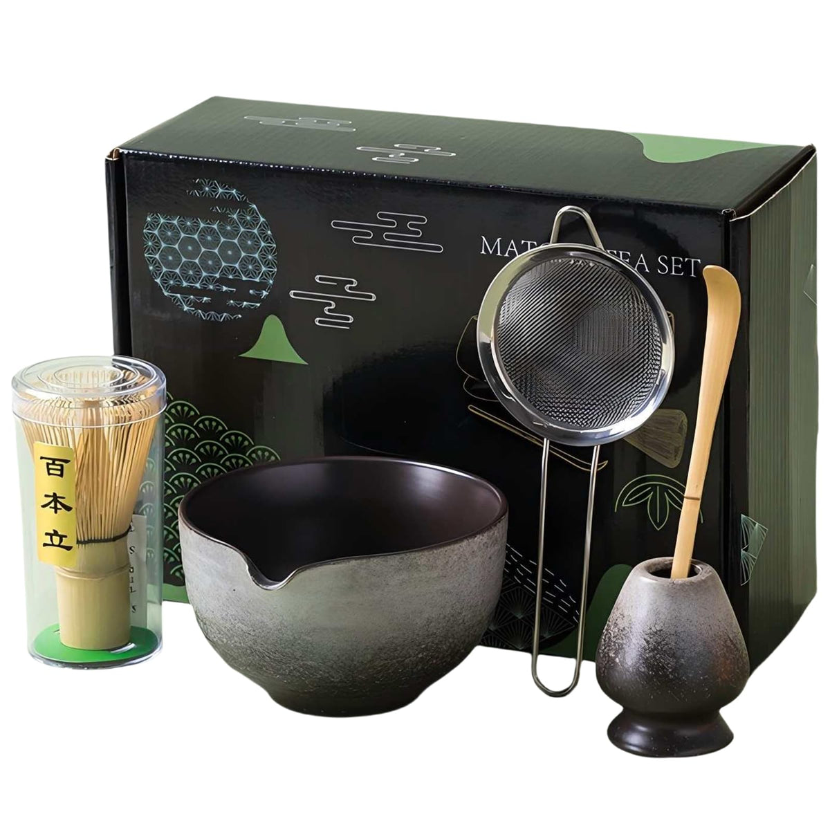 SWRONP Matcha Whisk Set,Matcha Set Includes Ceramic Bowl with Spout,Stainless Sifter,Scoop,Whisk and Holder,Complete 5 Pcs Japanese Matcha Kit Making Tools,White