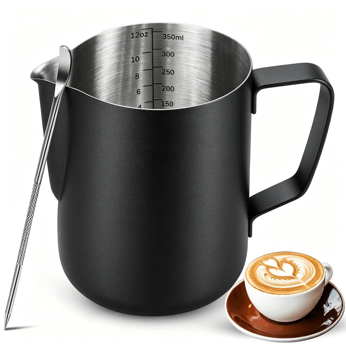 Milk Frothing Pitcher Stainless Milk Cup with Art Pen (White, 350, Milliliters)