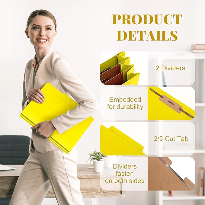 24 Pcs Classification Folders Letter Size Bulk - 2 Dividers Pressboard File Folder with 3. 5 Inch Expansion, 2 Prongs Fastener, Heavy Duty Office File Organizer for Teacher Medical (Yellow)