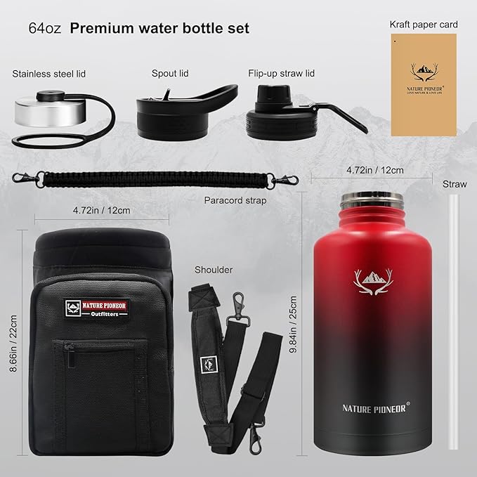 NATURE PIONEOR Insulated Water Bottles with Straw - 64oz Stainless Steel Vacuum Bottle with Holder/Carrier/Sleeve - Reusable 18/8 Food Grade Half Gallon Water Jug