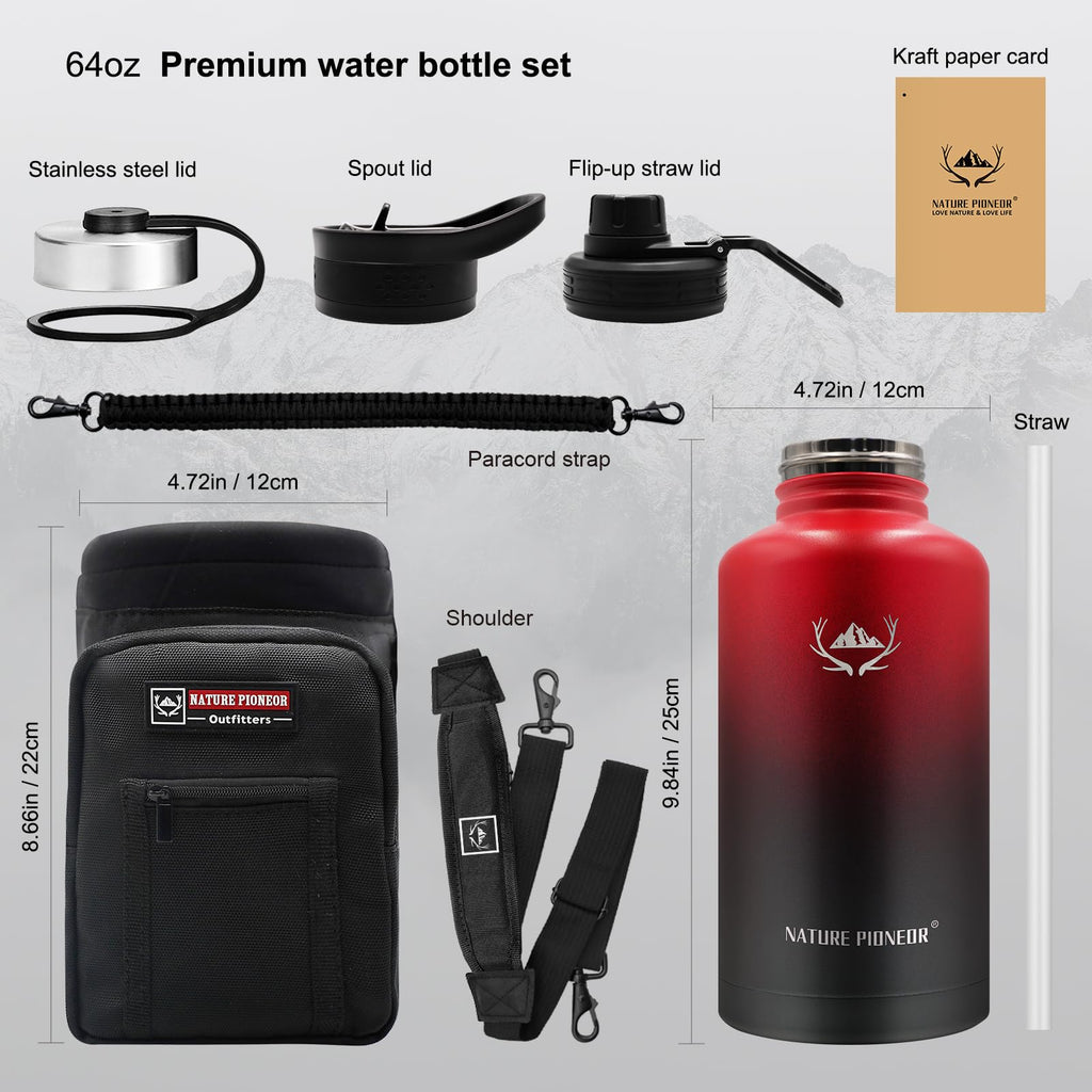 NATURE PIONEOR 64 oz Insulated Water Bottle with Carrier Bag & 3 Lids