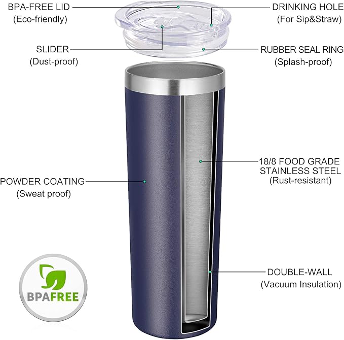 VEGOND Stainless Steel Skinny Tumbler, 20 oz Vacuum Insulated Tumbler with Lid and Straw, Double Wall Coffee Cup, Travel Mug for Cold Hot Drinks, Navy Blue 1 Pack