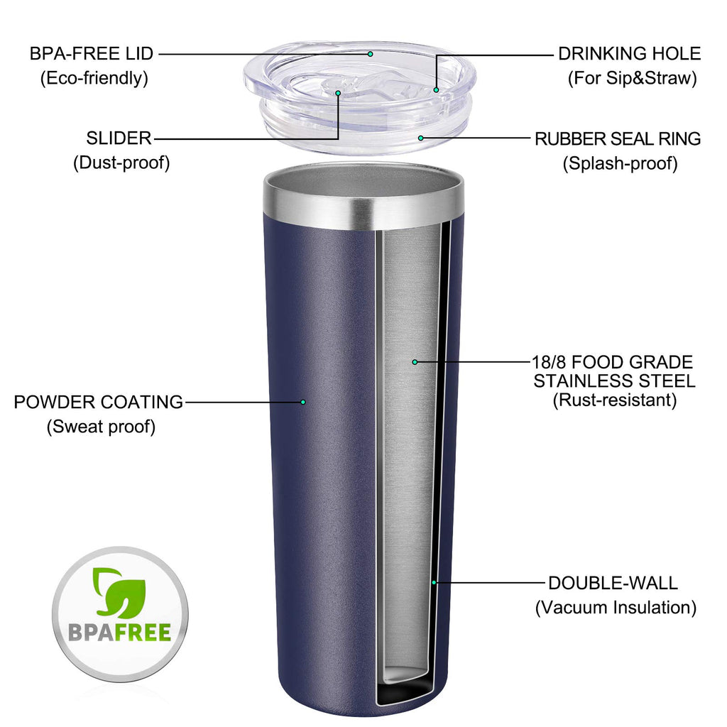 VEGOND Stainless Steel Tumblers Bulk 6 Pack, 20 oz Vacuum Insulated Skinny Tumblers with Lid and Straw, Double Wall Coffee Mug, Travel Water Cup, Navy Blue