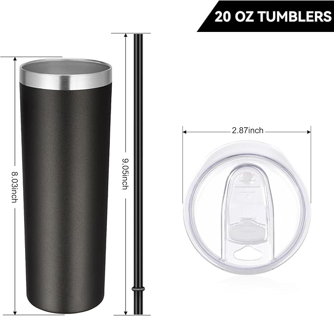 VEGOND Stainless Steel Tumblers Bulk 12 Pack, 20 oz Vacuum Insulated Skinny Tumblers with Lids and Straws, Double Wall Coffee Mug, Travel Water Cup, Black