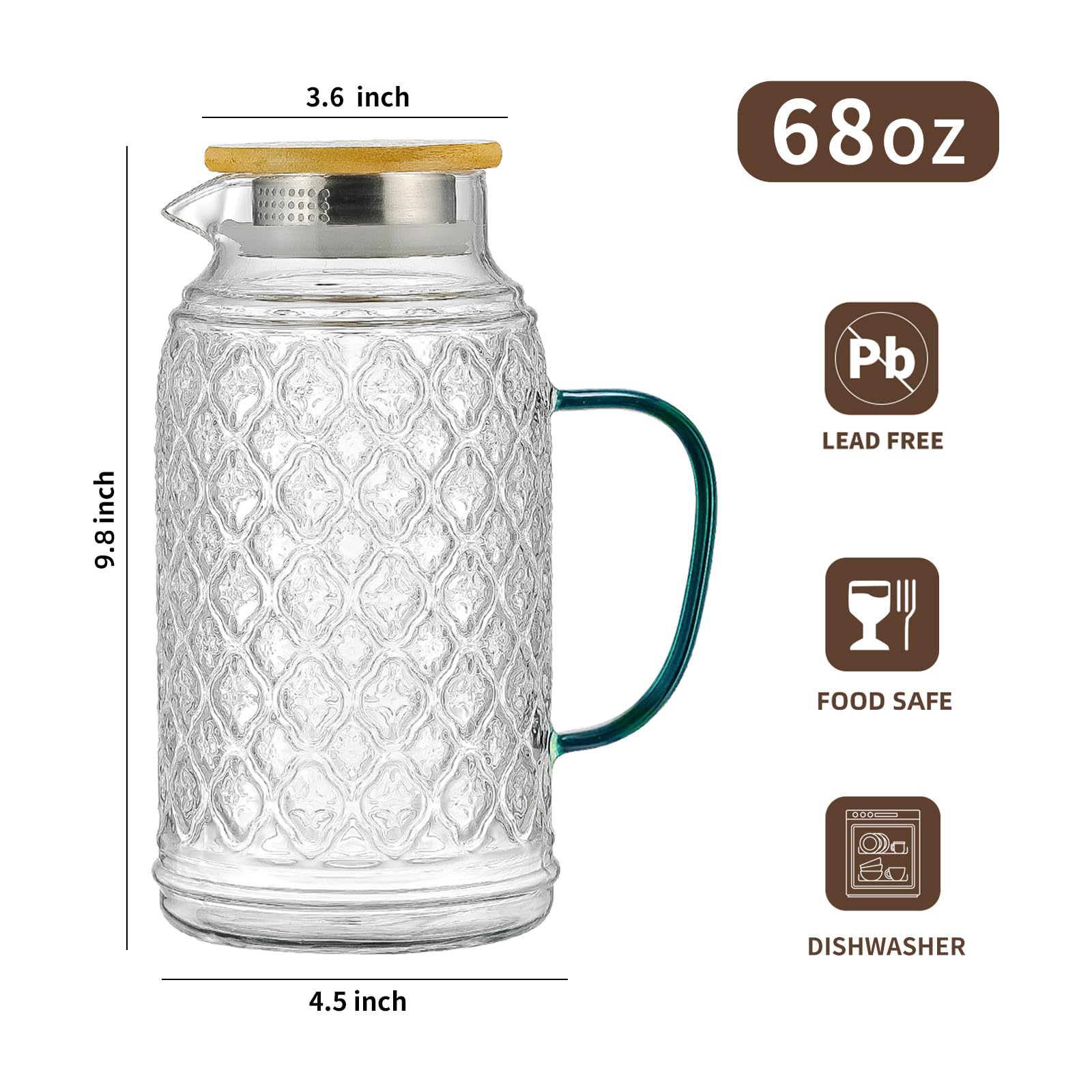 Buaic 2 PACK Glass Pitcher with Bamboo Lid, 68 oz/2L Vintage Water Pitcher, Clear Borosilicate Glass Water Carafe for Cold Brew, Coffee, Lemonade, Iced Sun Tea,Beverage, Heat Resistant Water Glass Jug
