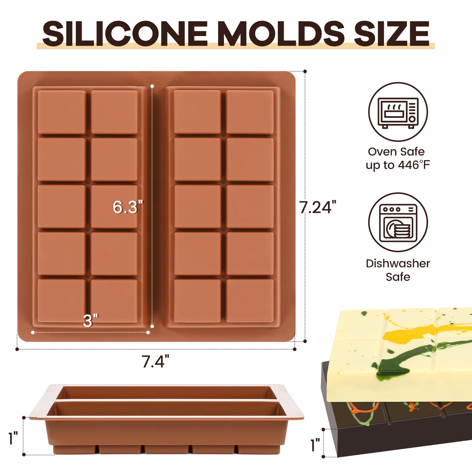 Fimary Dubai Chocolate Molds 1 Inch Deep, Silicone Chocolate Bar Mold – Non-Stick, Flexible, Large and Thick Homemade Chocolates, Candies, and Desserts - Set of 2