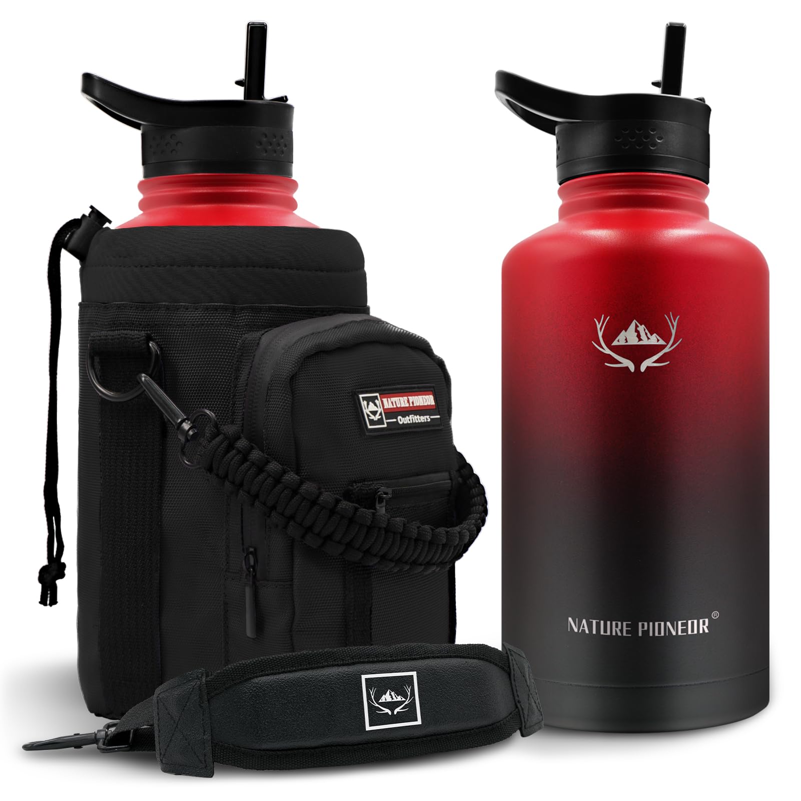 NATURE PIONEOR 64 oz Insulated Water Bottle with Carrier Bag & 3 Lids