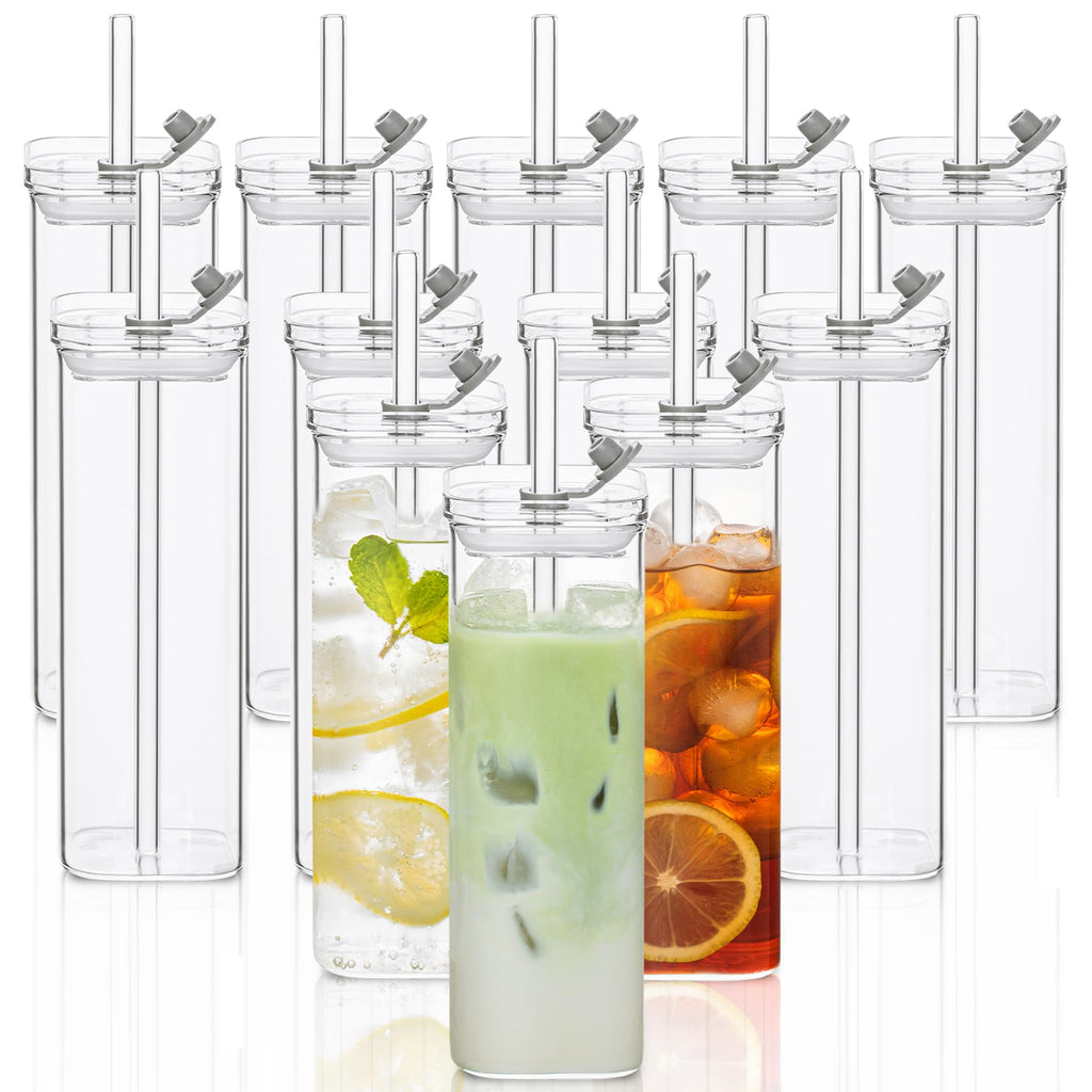 KEMORELA 12 Sets Square Drinking Glass Cups with Lids & Straws, 17 Oz Clear Highball Glasses for Cocktail, Iced Coffee, Juice, Beer - Modern Glass Tumblers