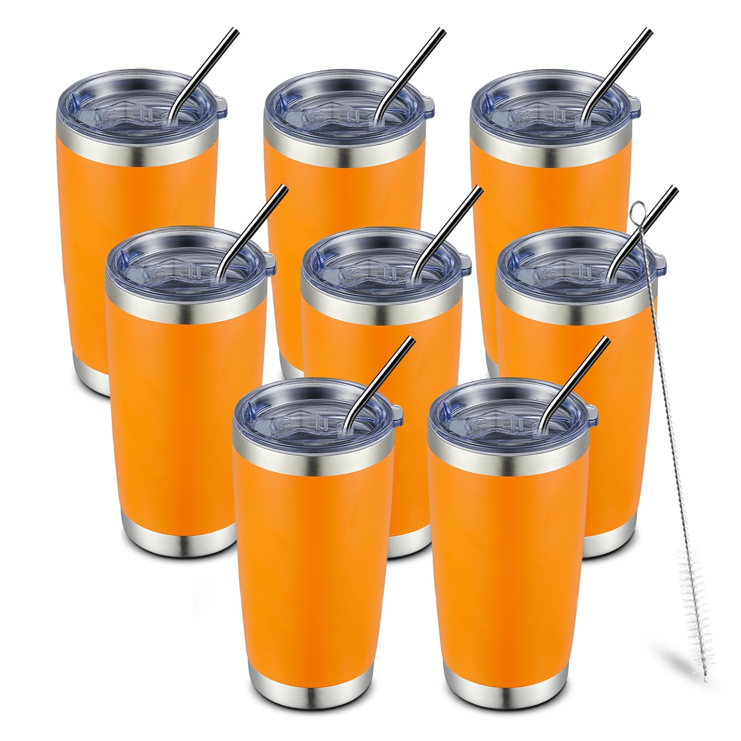 COMOOO 20oz 8 Pack Tumbler Double Wall Vacuum Insulated Coffee Travel Mug Stainless Steel Tumbler Bulk with Lid and Straw Insulated Coffee Cup for Cold & Hot Drinks (Orange, 8 Pack)