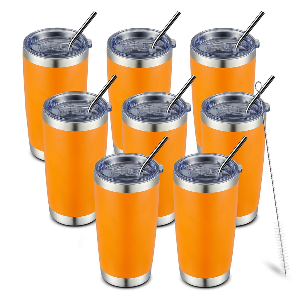 COMOOO 20oz 8 Pack Tumbler Double Wall Vacuum Insulated Coffee Travel Mug Stainless Steel Tumbler Bulk with Lid and Straw Insulated Coffee Cup for Cold & Hot Drinks (Orange, 8 Pack)