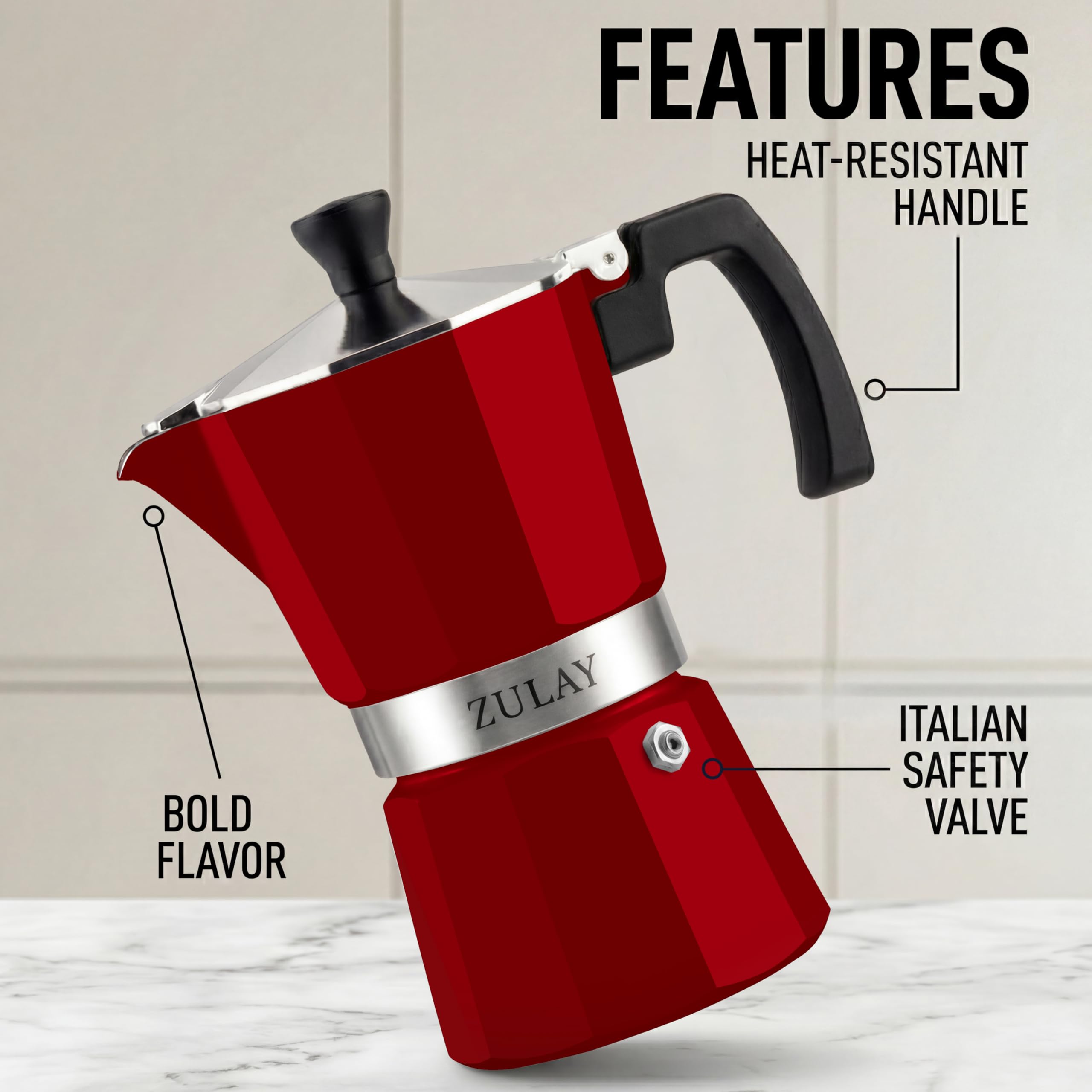 Zulay Moka Pot Espresso Stovetop Coffee Maker - Leak-Proof, Stainless Steel, Easy to Clean, Heat Resistant Handle & Knob - for Authentic Cuban & Italian Style Espresso - Makes 6 Espresso Cups - Red
