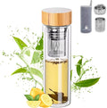 15oz Double Wall Glass Water Bottle with Bamboo Lid and Tea Infuser – Insulated, Leak-Proof, and Eco-Friendly Travel Tea Mug with Filter for Hot or Cold Beverages