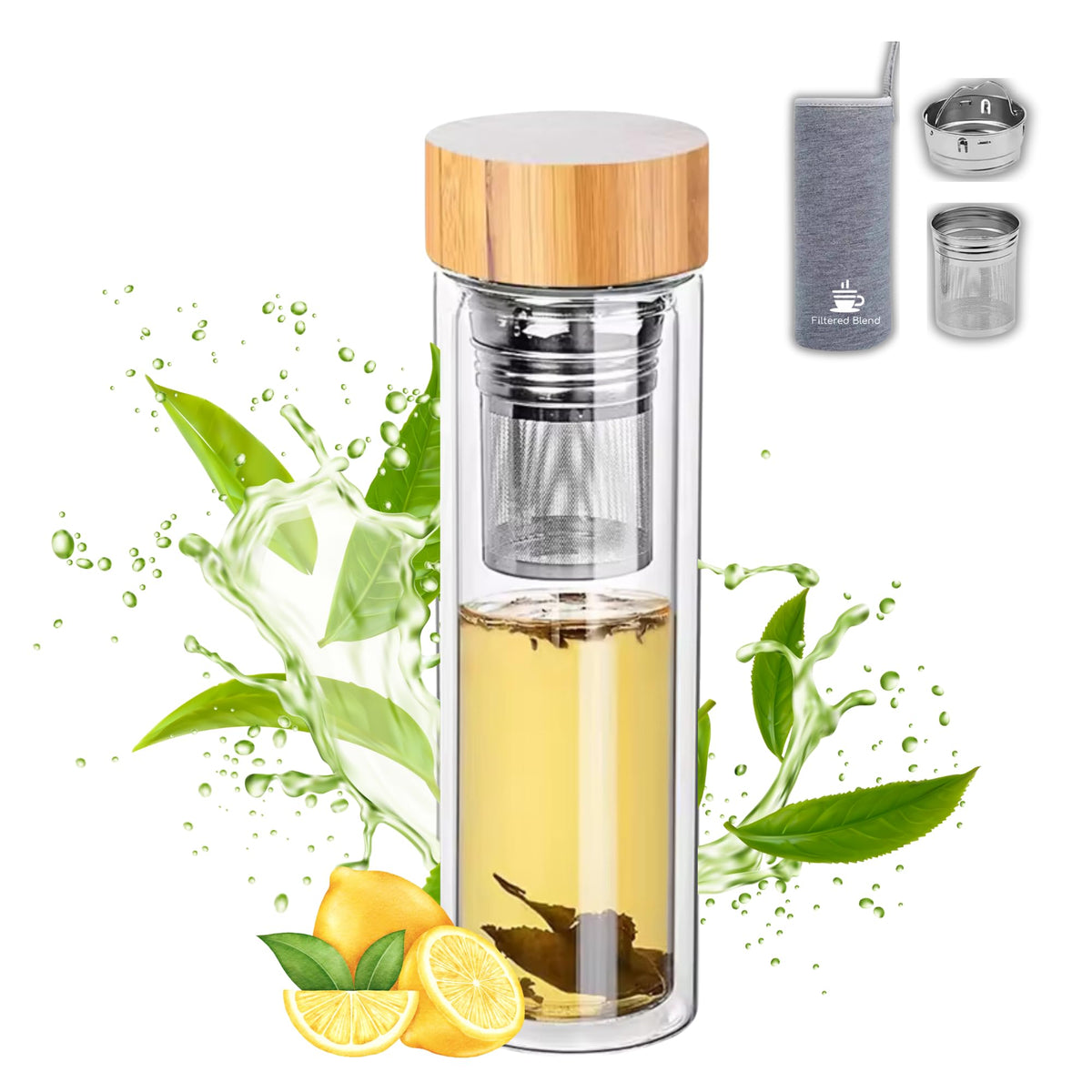 15oz Double Wall Glass Water Bottle with Bamboo Lid and Tea Infuser – Insulated, Leak-Proof, and Eco-Friendly Travel Tea Mug with Filter for Hot or Cold Beverages