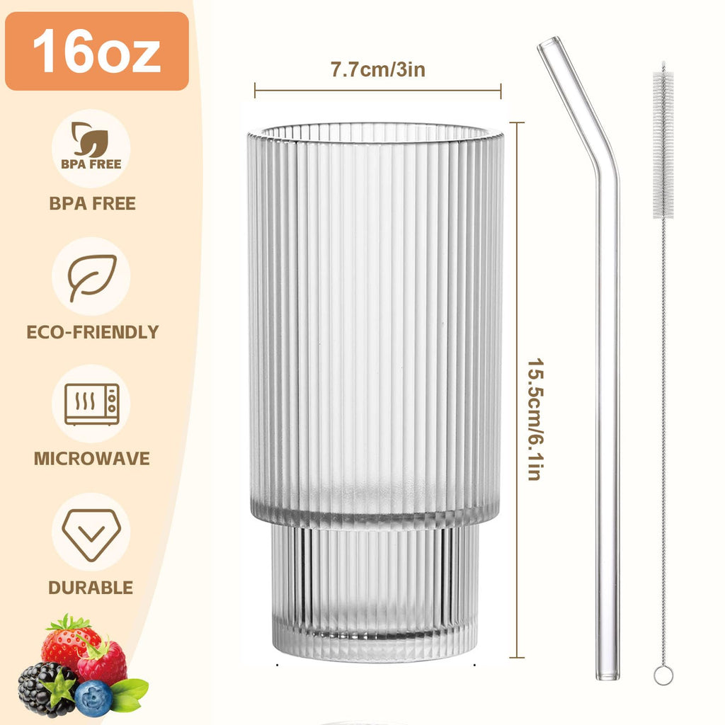 AFINSEA 16OZ Ribbed Glass Cups with Lids and Straws,Iced Coffee Cups with Bamboo Lid,Vintage Glassware for Whiskey Cocktail Beer Fruit Juice Glasses Tumbler(4 Pack)