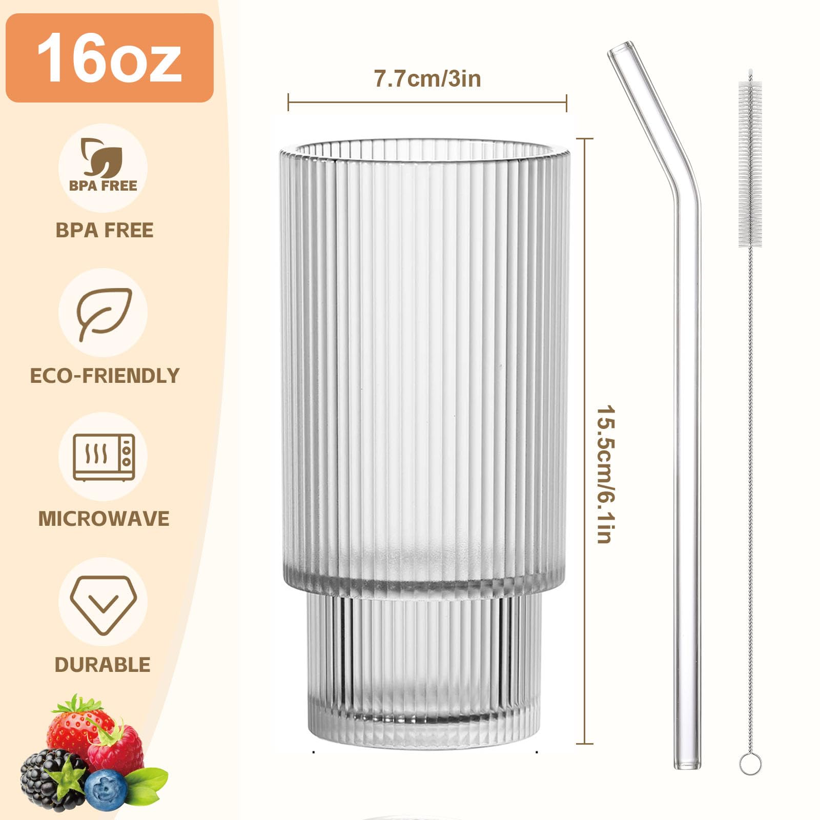 AFINSEA 16OZ Ribbed Glass Cups with Lids and Straws,Iced Coffee Cups with Bamboo Lid,Vintage Glassware for Whiskey Cocktail Beer Fruit Juice Glasses Tumbler(4 Pack)