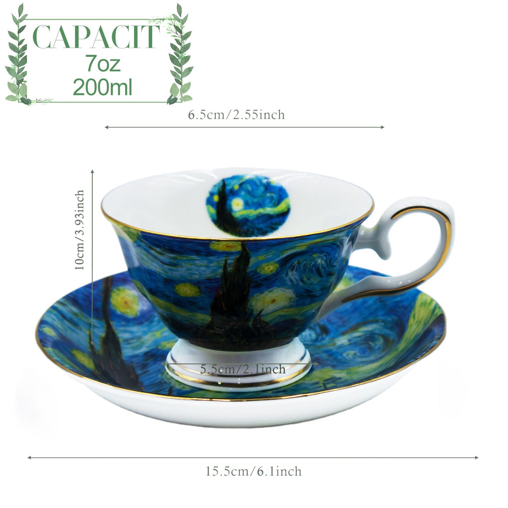 AOTELIDA Floral Tea Cups Saucers Set of 2, Bone China 7 oz British Teacups Porcelain Coffee Cup for Rose Tea Cappuccino Espresso Latte (Starry Sky & Starry Sky)
